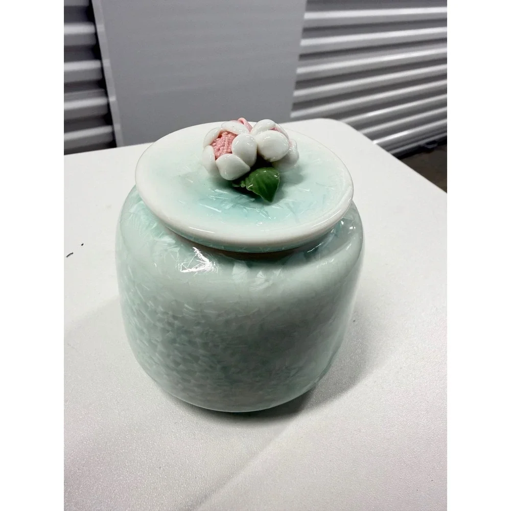 Vintage Crystalline Glaze Ceramic Tea Caddy Mint Green Floral Finial Small Jar